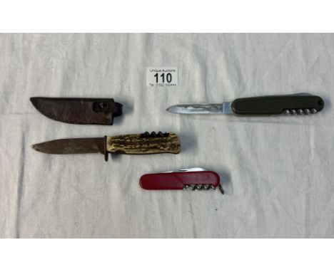 A vintage carved antler grip skinning knife with corkscrew &amp; decora Solingen blade &amp; 2 Swiss multi tool pocket knives