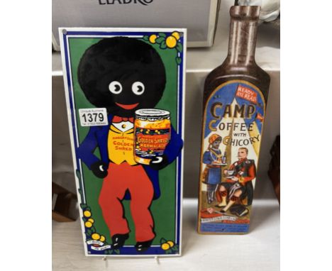 A retro Golden Shred enamel sign. 36cm x 16.5cm &amp; a metal camp coffee bottle sign