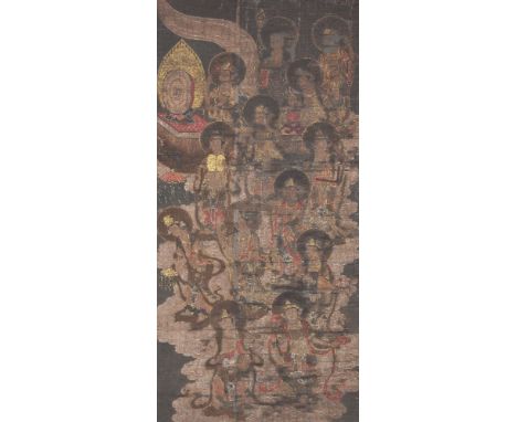 A fragment of a Japanese Amida Raigo Painting in inks and colours on silk, typically depicting numerous boddhisatvas descendi
