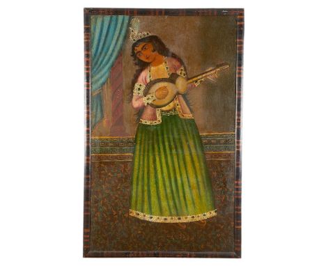 A Qajar portrait of a Female Musician, Persia, first decades of the nineteenth century, depicting a young female wearing an e