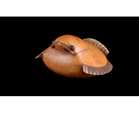 ϒ Masanao: A Japanese Ivory Netsuke of the Tongue-Cut Sparrow, the bird of typically squat appearance with wings lowered and 