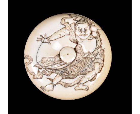 ϒISSHOSAI HAKUMIN: A Japanese Ivory Manju Netsuke of typical circular form with later replacement central peg, decorated in d