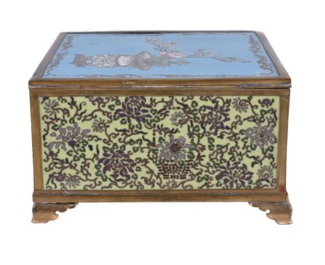 An Unusual Japanese Gold Wire Cloisonné Enamel Box, of square section mounted on jui-form metal feet, the cover with a floral