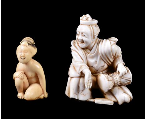 ϒ A Japanese Ivory Netsuke/Okimono carved as a musician wearing an eboshi and with his sleeves tied back as he plays the tsuz