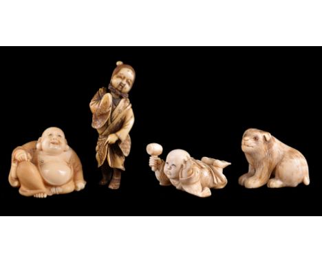 ϒJapanese Ivory Netsuke of Hotei, the corpulent deity seated in typical pose with one knee raised, his voluminous belly parti