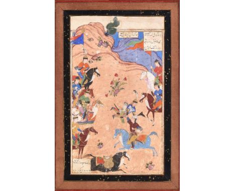 An illustrated leaf from a dispersed Persian manuscript of Firdausi’s Shahnama      A battle scene depicting a mounted Rustam