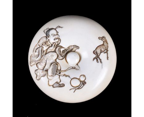 ϒ KAKYUSAI HIRONOBU: A Japanese Ivory Manju Netsuke of typical circular form well carved in shishiaibori and kebori with Chok