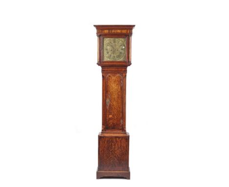 An oak 8-day longcase clock, late 18th century, by 'JN ASHTON LEEK' with square hood, brass dial with subsidiary seconds dial