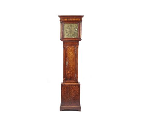 An oak 8-day longcase clock, late 18th century, by 'JN ASHTON LEEK' with square hood, brass dial with subsidiary seconds dial