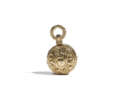 An early 19th century yellow precious metal pendant vinaigrette of circular form, cast with an all over floral and shell desi