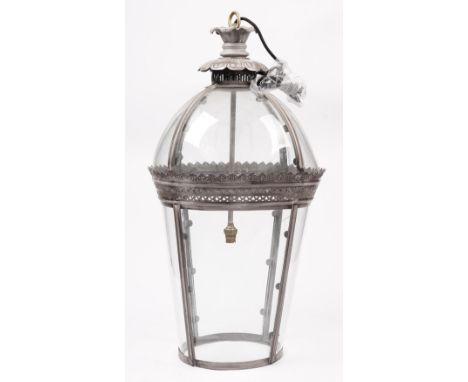 A Georgian style hanging lantern, modern, of domed tapering cylindrical form with pierced metal grey frame and single light f