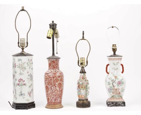 Four Chinese vases, each converted to a table lamp, the tallest of hexagonal form decorated with flora and fauna, 36cm high, 