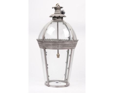 A Georgian style hanging lantern, modern, of domed tapering cylindrical form, with pierced metal grey frame and single light 