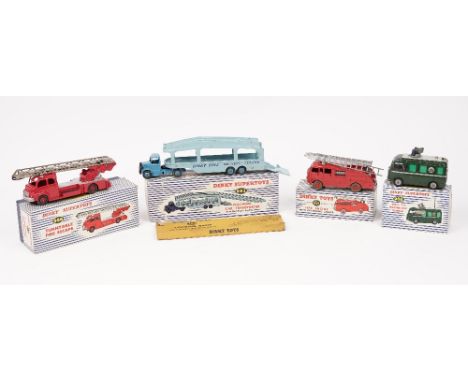 Four Dinky die-cast vehicles, a 955 Fire engine with extending ladder, a 956 Turntable fire escape, a 968 B.B.C. T.V. Roving 