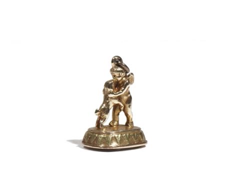 A 19th century foil backed amethyst set yellow precious metal fob seal, designed as a cherub kissing a dog on its hind quarte