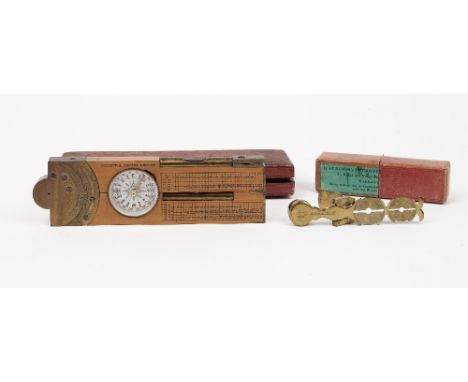 A Negretti and Zambra boxwood and brass multi-functional folding ruler including; compass, level and protractor, case (16.5cm