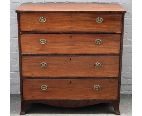 A George III mahogany chest, with four long drawers, on splayed bracket feet, 103cm wide x 105cm high. 