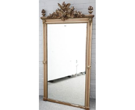 A 20th century French gilt framed mirror with bird, bow and quiver crest over rectangular plate, 87cm wide x 156cm high. 