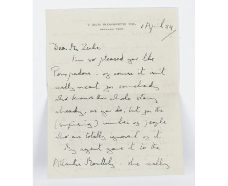 MITFORD, Nancy (1904-73).&nbsp; A two-page autograph letter on paper headed '7 Rue Monsieur VII, Suffren 7665', dated 6 April