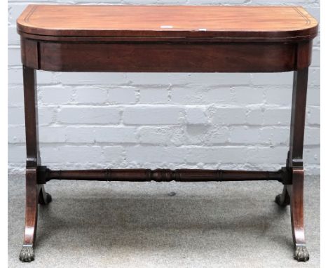 A Regency inlaid mahogany 'D' shape card table, on four splayed supports, 91cm wide x 70cm high. 