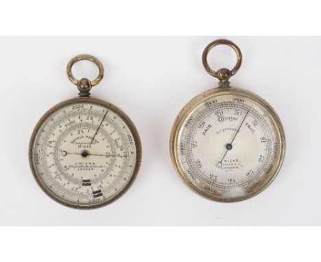 An early 20th century brass cased pocket barometer/compass compendium by J. Hicks, LONDON, in a double sided leather case (4.