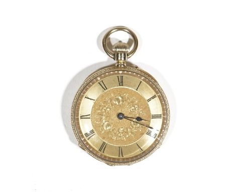 A gold cased, keyless wind, openfaced lady's fob watch, with a gilt jewelled movement, detailed within the caseback 18 K, the