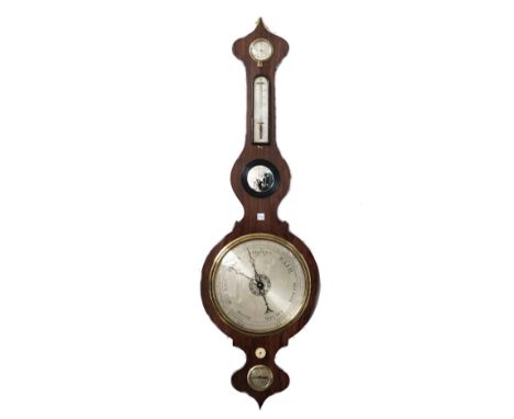 A Victorian rosewood wheel barometer with dry/damp detector thermometer, bulls eye mirror, silvered dial and level. 105cm hig