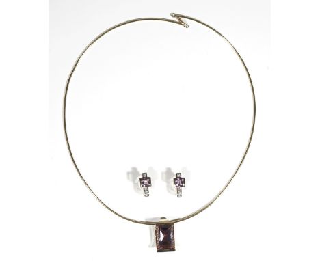An 18ct gold, amethyst and diamond-set pendant necklace, the rectangular-cut amethyst half rub over set with pave-set diamond