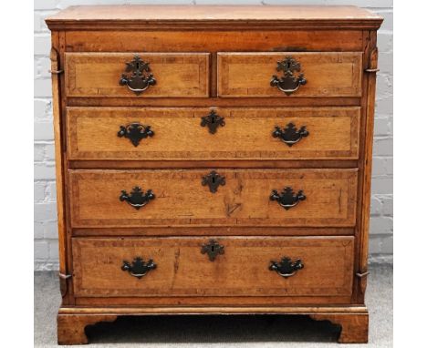 A mid-18th century oak chest with two short over three long graduated drawers, on bracket feet, 97cm wide x 100cm high. 