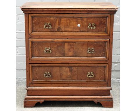 An 18th century Italian walnut small chest of three long drawers, on bracket feet, 73cm wide x 81cm high. 