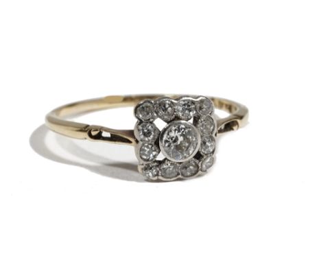 A gold and diamond-set dress ring of square cluster design, collet set with cushion cut diamonds, ring size O, 1.7g gross com