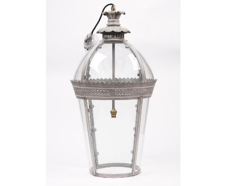 A Georgian style hanging lantern, modern, of domed tapering cylindrical form, with pierced metal grey frame and single light 