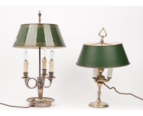 An early 20th century silver plated buillotte table lamp, with adjustable tin shade, 60cm, and another later brass version, 5