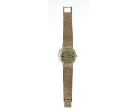 Longines; a gentleman's 9ct gold bracelet wristwatch, the textured gilt metal dial rounded rectangular dial, with baton numer