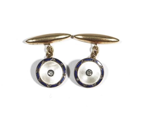 A pair of gold, diamond set, blue enamelled and mother-of-pearl cufflinks, each circular mother-of-pearl front centred by a c