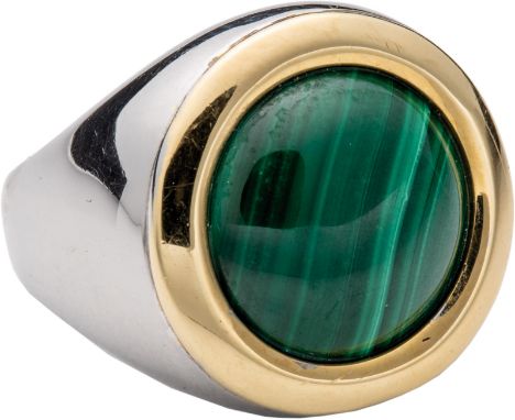 Malachit-Ring 750-er Weißgoldring, ca. 14,8 g. Gelbgoldene Brillenfassung mit fein gebändertem Malachit-Cabochon. Ringgröße 5