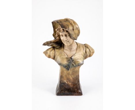 Mädchenbüste Haniroff (Entwurf), Friedrich Goldscheider, Wien, um 1905 Mädchen mit gelocktem Haar und Kopftuch. Terrakotta, b