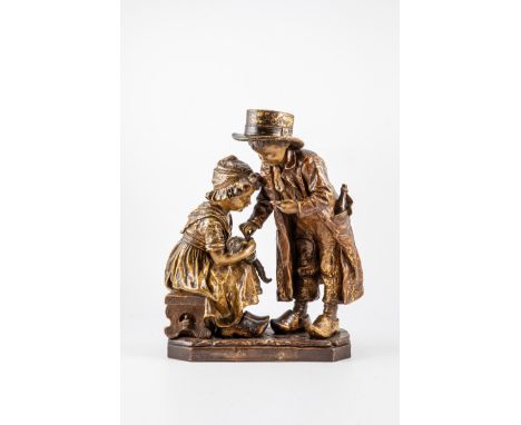 Gruppe ''Der kleine Doktor'' E. Tell (Entwurf), Friedrich Goldscheider, Wien, um 1899 Biedermeier-Kinderpaar mit Kätzchen auf