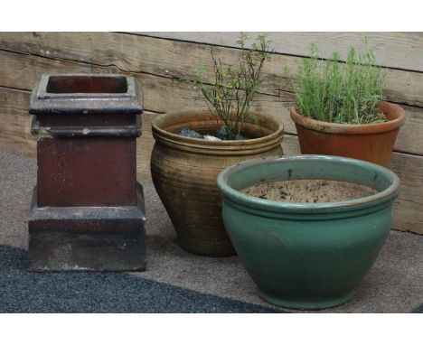 Glazed terracotta planter, two other planters and a glazed terracotta square chimney pot (4)