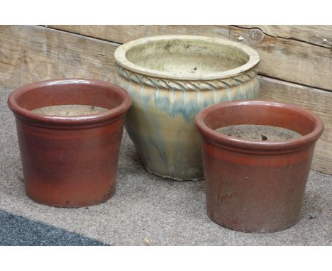 Drip glazed terracotta blue and cream planter (D37cm), salt glazed terracotta plant pot and two other glazed terracotta plant