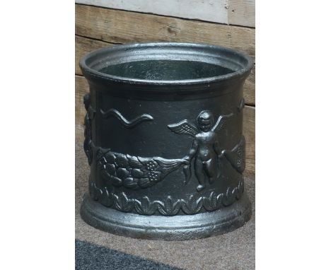 Large classical style silvered cast iron planter, decorated with putti, D47cm, H42cm