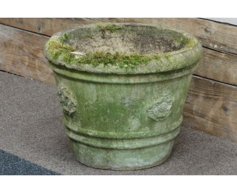 Large composite stone planter with Yorkshire rose motif, D58cm, H43cm