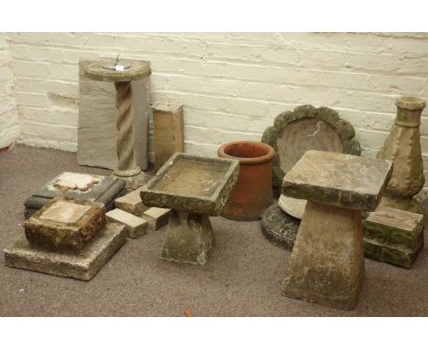 Composite stone sundial and various stone and composite stone garden plinths, pedestals, bird bath tops etc...