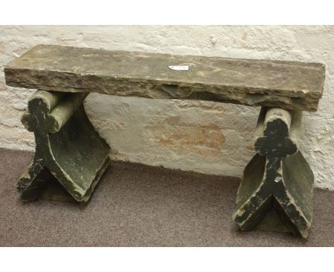 19th century carved sand stone gatepost finial bench, W116cm 