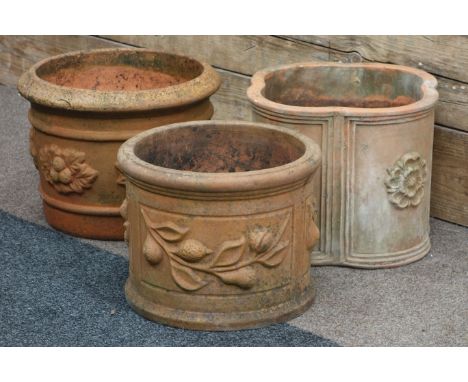 Terracotta planter with Yorkshire rose motif, terracotta quatrefoil shape planter and another terracotta planter (3)