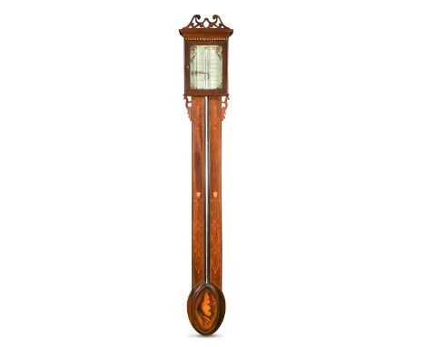 A mahogany and inlaid stick barometer, 19th century,  the pierced cresting above painted rectangular register marked 'Geo Pur