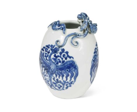 A Chinese blue and white porcelain phoenix vase, late Qing Dynasty, the ovoid body applied on the rim with a dragon and a bat