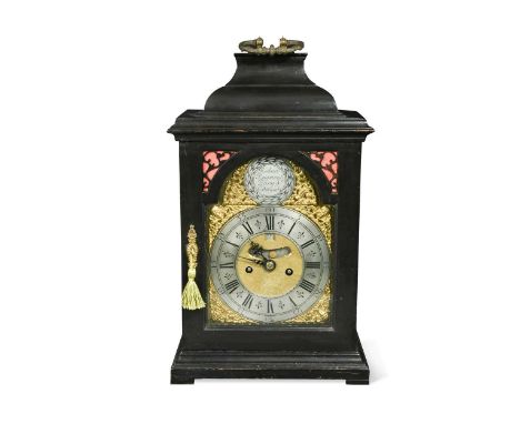 An ebonised bracket clock circa 1740, by Richard Rayment, Bury St Edmunds,  signed to a circular disc with engraved border to