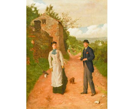 Circle of George Dunlop Leslie RA (1835-1921) A couple with a dog on a country laneoil on canvas38 x 28.5cm