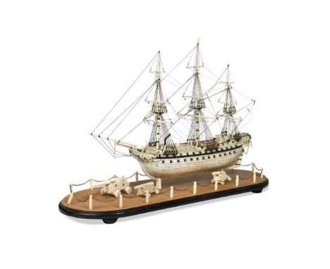 A Prisoner of War style bone model of a 68 guns ship, modern,  with full rigging, mounted to a hardwood plinth base with chai